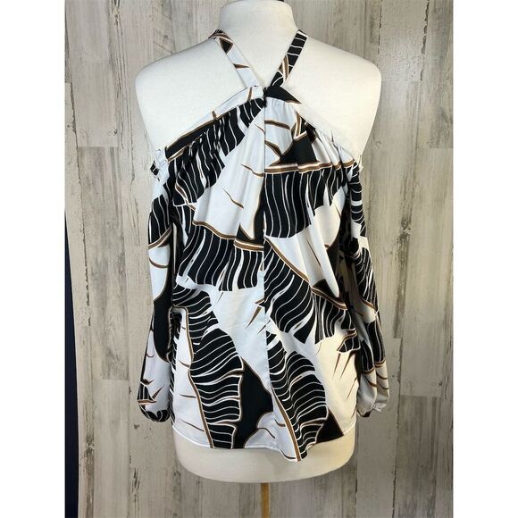 Chico’s Size 1 (US M) Off-Shoulder Long-Sleeve Top Black White Leaf - Picture 4 of 9